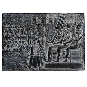 Ramses The Great and The Divine Triad Of Thebes (Amun, Mut and Khonso) - Handmade Wall Relief from grey basalt