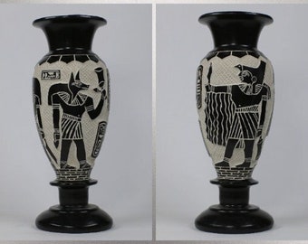 Beautiful Ancient Style Basalt Vase, Copy Vase made in Egypt, ANUBIS God of Mummification Carved on Exact Replica Vase from the tombs