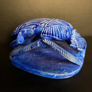 Blue Egyptian Scarab with Horus god of the sky and Egyptian hieroglyphs with Handmade Inscriptions Engraved on it made with Egyptian soul image 1