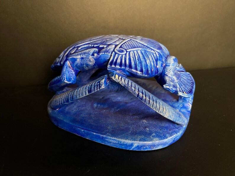 Blue Egyptian Scarab with Horus god of the sky and Egyptian hieroglyphs with Handmade Inscriptions Engraved on it made with Egyptian soul image 1