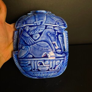 Blue Egyptian Scarab with Horus god of the sky and Egyptian hieroglyphs with Handmade Inscriptions Engraved on it made with Egyptian soul image 3