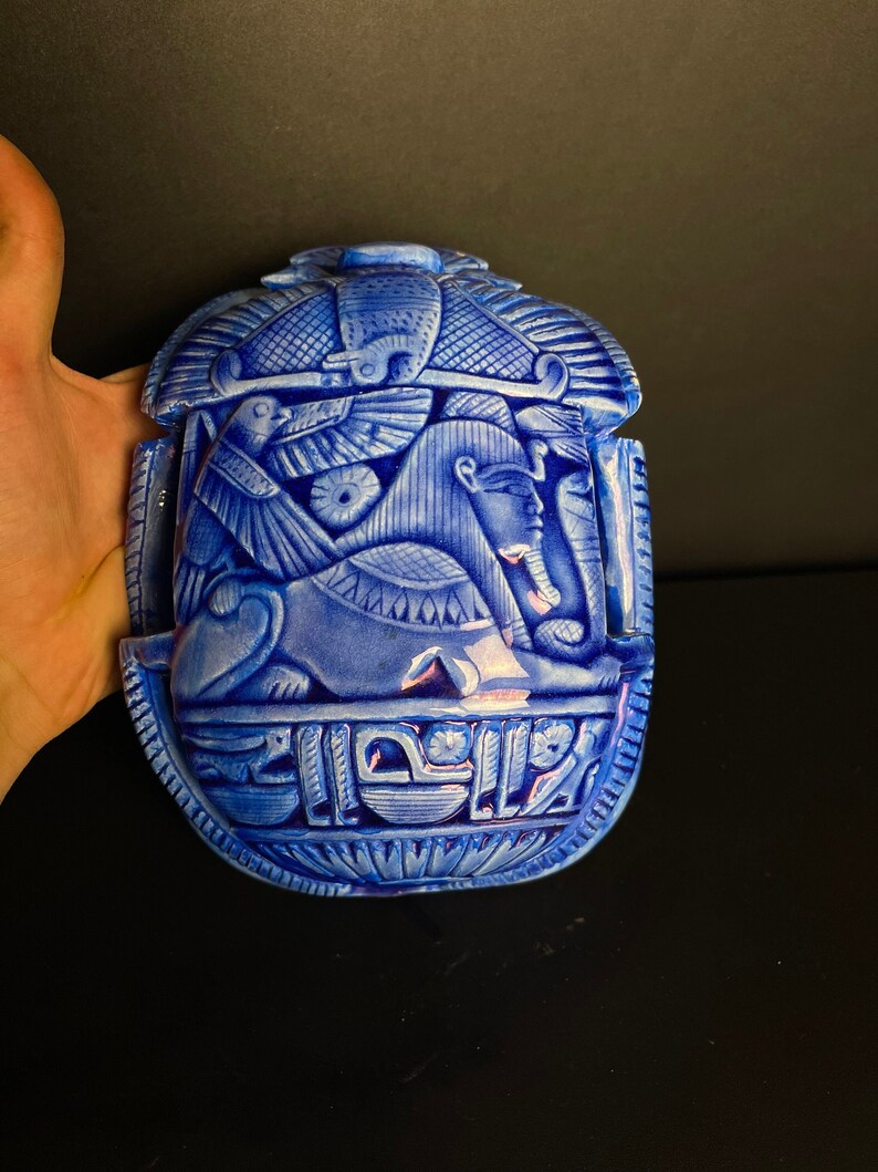 Blue Egyptian Scarab with Horus god of the sky and Egyptian hieroglyphs with Handmade Inscriptions Engraved on it made with Egyptian soul image 3
