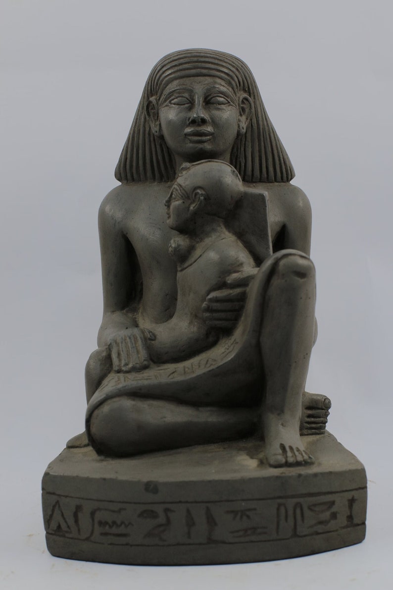 Alte ägyptische Mutterschaft, die sich um ihr Baby kümmert, aus grauem Basaltstein Replik-Altarstatue Made In Ägypten Bild 1