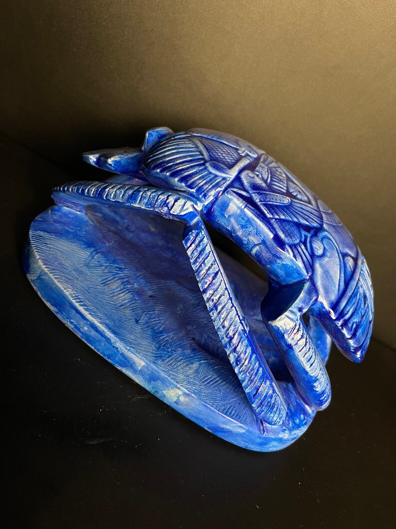 Blue Egyptian Scarab with Horus god of the sky and Egyptian hieroglyphs with Handmade Inscriptions Engraved on it made with Egyptian soul image 5