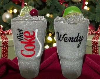 Bicchiere da 30 once con glitter argento ispirato alla Diet Coke con ghiaccio e frutta finti