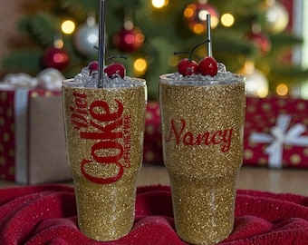 Diet Coke Caffeine Free Inspired Gold Glittered 30oz Tumbler with Faux Ice and Fruit