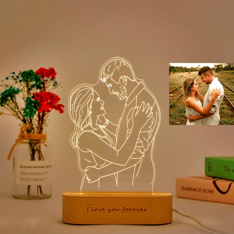 3D photo engraving lamp made from your chosen photo with solid color wood base engrave message is the idealist gift for Boyfriend