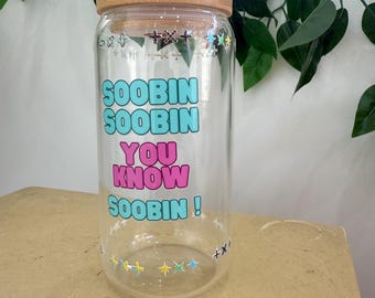 Yeonjun and Soobin meme glass tumbler with lid and straw