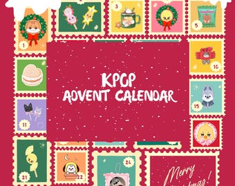 May include: A KPOP Advent Calendar with a red background and a grid of illustrated stamps. Each stamp features a unique design, including cartoon characters and festive elements. The text "KPOP ADVENT CALENDAR" is centered, with "Merry Christmas!" at the bottom.