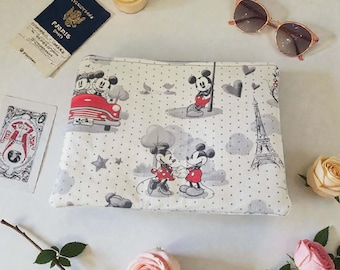 Bolsa de algodón con cremallera de Mickey y Minnie Mouse, hecha a mano, para cosméticos.