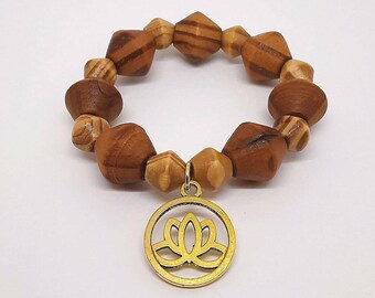 Lotus Flower Wood Beaded Bracelet-Boho Chic-Hippie Jewelry Jewelry-Gift Idea-Handmade Jewelry-Charm Bracelet-Gold Bracelet
