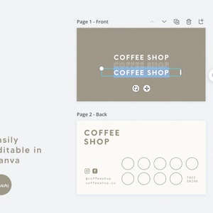 May include: A two-sided gift card template for a coffee shop. The front side features the text "COFFEE SHOP" in a light blue box on a brown background. The back side features the text "COFFEE SHOP" in brown text on a white background, along with a logo, social media icons, and a space for 10 punches. The text "FREE DRINK" is printed below the punch area.