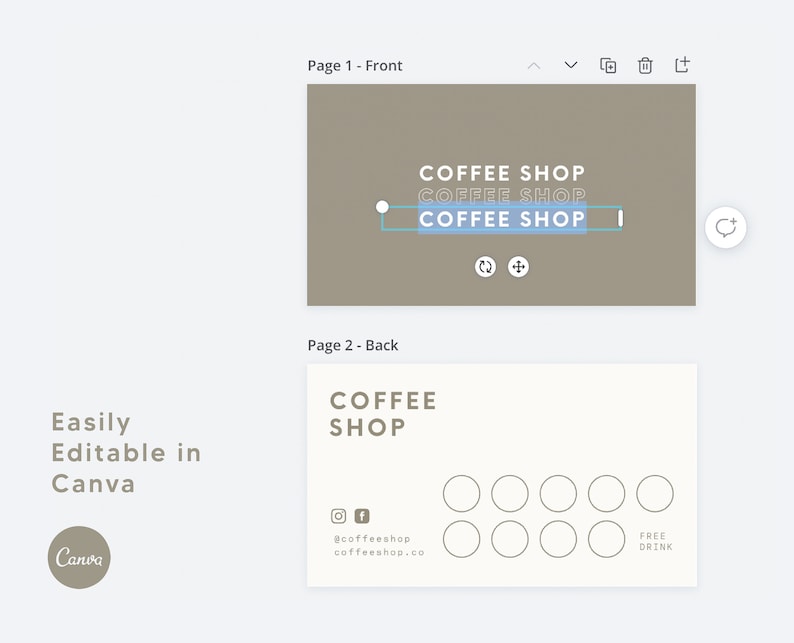 May include: A two-sided gift card template for a coffee shop. The front side features the text "COFFEE SHOP" in a light blue box on a brown background. The back side features the text "COFFEE SHOP" in brown text on a white background, along with a logo, social media icons, and a space for 10 punches. The text "FREE DRINK" is printed below the punch area.