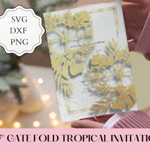5x7" Gate Fold tropische uitnodiging envelop SVG, PNG, DXF, Quinceanera uitnodiging, Monstera Leaves uitnodiging, Luau uitnodiging, Laser Cut.