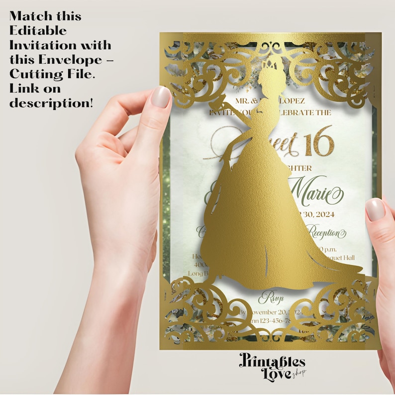 Op de afbeelding: Gouden glitter en groene achtergrond met een gouden silhouet van een prinses in een jurk. De tekst "Sweet 16" is in goud met de naam "Marie" eronder. De tekst "November 20, 2024" is in goud met de tekst "Reception" eronder.