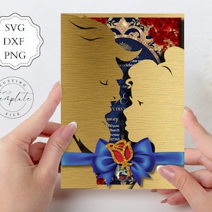 Invito a Quinceanera con piega a cancello da 5x7" La bella e la bestia, Mis Quince SVG, DXF, PNG, biglietto con pizzo a spirale, modello tagliato al laser Cricut Cameo