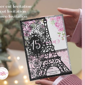 Convite Torre Eiffel SVG PNG, DXF, Convites de quince, convite de quinceanera, Torre Eiffel Svg, Cartão de Paris Cricut, Corte a Laser de Paris