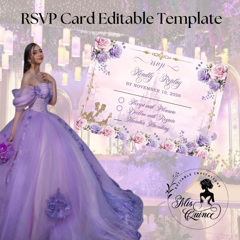 May include: An RSVP card template with the text "RSVP Card Editable Template" at the top. The card features floral accents and the words "Kindly Replay" and "BY NOVEMBER 10, 2026". The card also includes options to accept or decline the invitation.