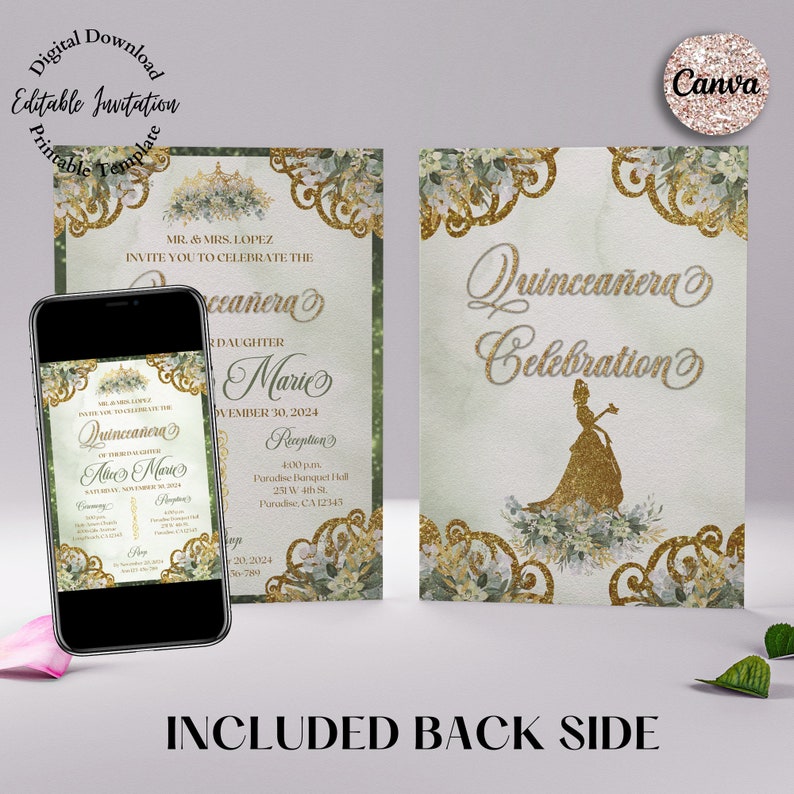 May include: A green and gold Quincea&ntilde;era invitation with a floral design and a silhouette of a woman in a gown. The text reads "Quincea&ntilde;era Celebration" and includes the date "30 November 2024".