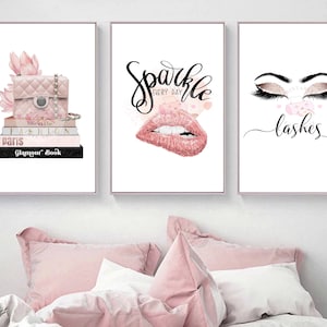 Blush Pink Wall Decor, Wall Art Prints, Girls Room Decor, Home Decor for Bloggers, Fashion Posters Set of 3, pink lips art, Digital Download