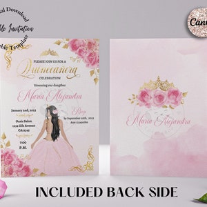 5x7 Blush Pink Quinceanera Invitation, Include Back Side, Editable Blush Pink floral Invitation Canva Template, Mis Quince, Instant Download