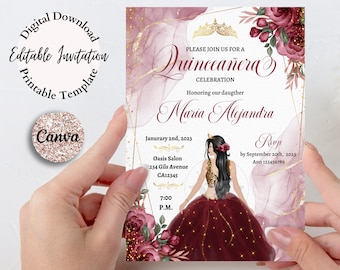 Burgundy Floral Quinceanera Invitation, Red Wine Roses, Canva Template (Digital Download)
