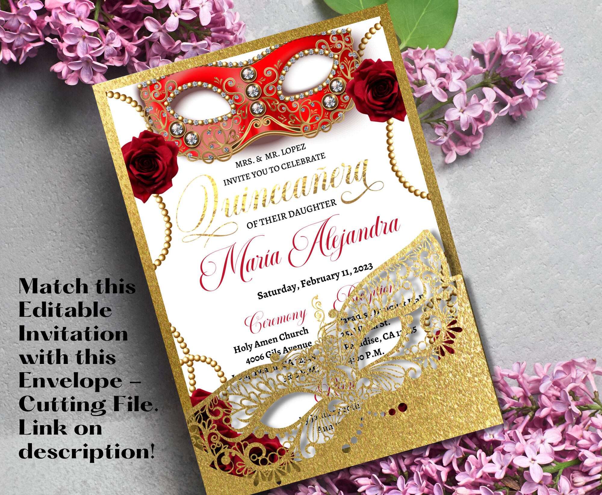 5x7 Masquerade Mardi Gras Quinceanera Invitation Include