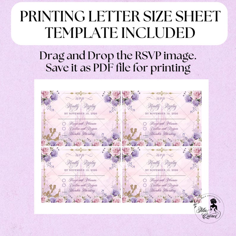 May include: A template for printing letter-size sheets, including instructions to drag and drop an RSVP image and save it as a PDF. The RSVP cards feature floral designs with text that reads "Kindly Replay" and "By November 10, 2026."