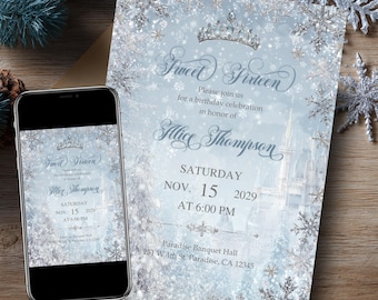Winter Sweet 16 invitation, Winter wondeland, Sweet sixteen, quince invitation, digital download, editable template, digital invitation