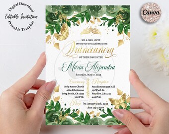 Emerald Green and Gold Quinceanera Invitation, 5x7 Editable Canva Template (Digital Download)