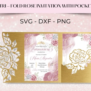 SVG Roses Invitation. 5x7 Trifold Quinceanera invitation. DXF, PNG, Envelope Svg, Mis quince, Rose Laser cut invitation. Cricut Cameo.