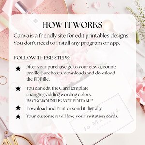 May include: A white card with text that reads "HOW IT WORKS" and instructions for using Canva to edit printable designs. The card is surrounded by decorative elements, including flowers and a perfume bottle.