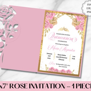 5x7 falten Quinceanera Einladung Rose SVG, DXF, PNG, Rose Einladung Umschlag, Blumen, Einladung Laser Cut. Sweet 16 Einladungsdatei, Digital