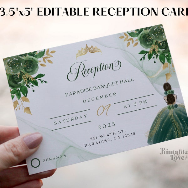 Reception Card Template Emerald Green and Gold, match with Quinceanera Invitation, 5x3.5", Editable Reception card, Instant Download