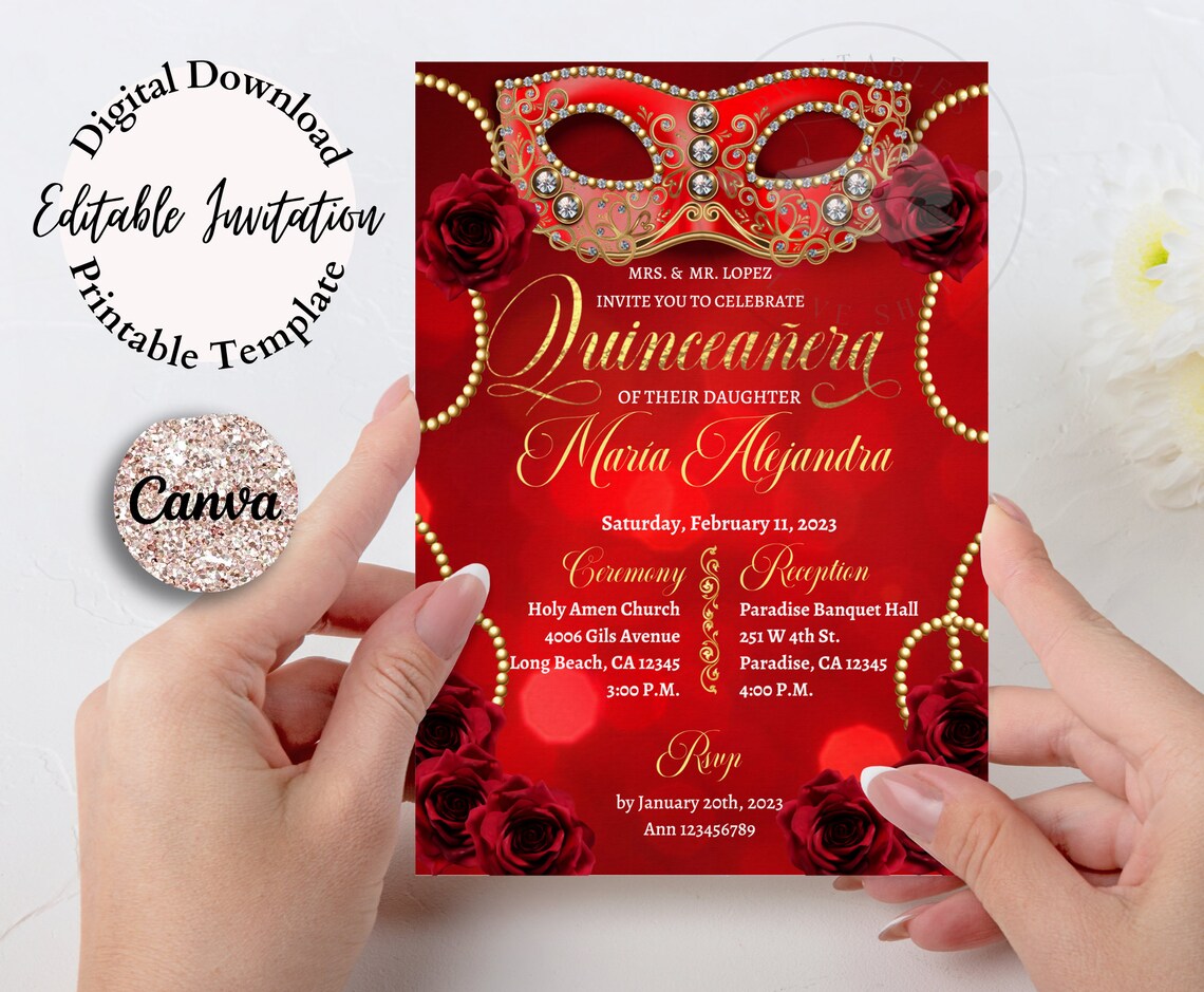 5x7 Masquerade Mardi Gras Quinceanera Invitation Include Back Etsy