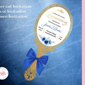 Invitación de quinceañera con espejo de princesa cortado a láser en formato SVG, DXF y PNG. Invitación de quinceañera cortada a láser. Espejo con asa para Cricut Silhouette.