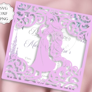 Rapunzel SVG, DXF, PNG. 5.5 x 5.5&quot; Quinceanera Invitation, Sweet 16 Pocket Princess Invitation, Laser Cut. Mis Quince, Cricut invitation