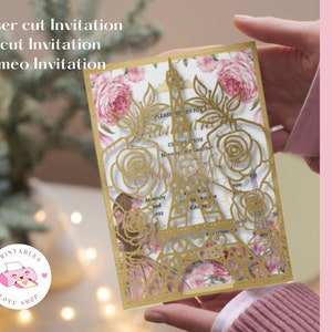 SVG-Vorlage Paris Einladung. PNG, DXF, Laser-Schnitt Quinceanera-Einladung, Mis quince, 5x7 Paris-Einladung, Eiffelturm-Svg, Paris-Karte