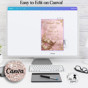 May include: A computer monitor displays a pink and gold masquerade party invitation. The invitation features a decorative mask, text, and the date November 24, 2029. A round Canva sticker and other office supplies are in the foreground.