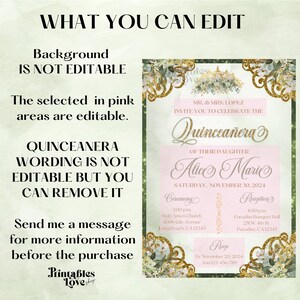 May include: A pink and gold Quincea&ntilde;era invitation with a floral design. The invitation includes the text "MR. & MRS. LOPEZ INVITE YOU TO CELEBRATE THE Quincea&ntilde;era of their daughter Alice Marie SATURDAY, NOVEMBER 30, 2024 Ceremony 3:00p.m. Holy Amen Church 4006 Gils Avenue Long Beach, CA 12345 Reception 4:00 pm. Paradise Banquet Hall 251 W 4th St Porodise, CA 12345 RSVP By November 20, 2024 Ann 123-456-789".