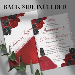 Red and Black Quinceanera Invitation, Include Back design, Red Quinceanera Dress, Editable Canva Template 5x7, Mis Quince, xv invitations