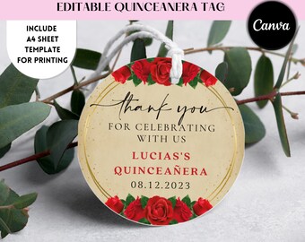 Editable Snow White Quinceanera Favor Tag: Red Roses, Gold (Canva Template, Digital Download)
