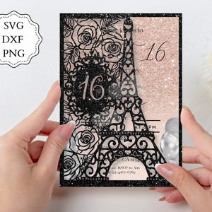 Blush Pink Eiffel Tower Laser Cut Panel Pocket Quinceañera Invitation with  Crystal CLXV007