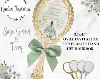 Sage Green Quinceanera Invitation, Oval Hand Mirror Design (Digital Download, 3.7x4.7")