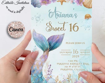 Mermaid Tail Teal and Lilac Invitation: Sweet 16 Under the Sea, Quinceañera (Canva Editable, Digital Download)