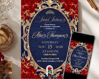 Beauty and the Beast Sweet 16 Invitation • Red Roses, Navy Blue & Gold • 5″×7″ Canva Template