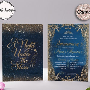 5x7 A Night Under the Stars Theme Quinceanera Editable Invitation, Include Back Side, Starry Night Invitation Canva Template, Mis Quince