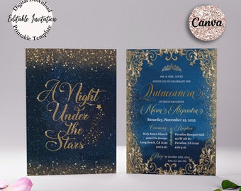 Starry Night Quinceanera Invitation, Gold Glitter, Canva Template (Digital Download)