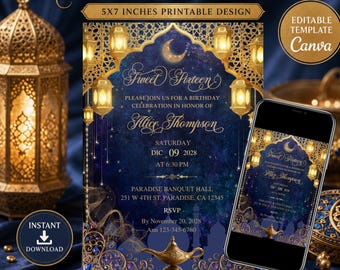 Arabian nights invitation, Elegant Sweet 16 Invitation, quinceañera invite:  (Digital Download, Editable Canva Template)