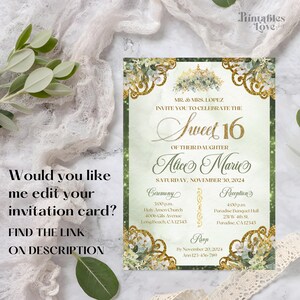 Op de afbeelding: Een groene en gouden uitnodigingskaart voor een Sweet 16-feest. De kaart heeft een bloemmotief met gouden accenten en de tekst "Sweet 16" in gouden letters. De uitnodiging is voor Alice Marie en is gepland voor zaterdag 30 november 2024. De kaart bevat details voor de ceremonie en de receptie.